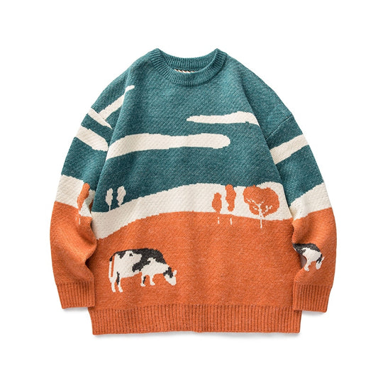 O-Neck Vintage Cow Motive Wool Sweater